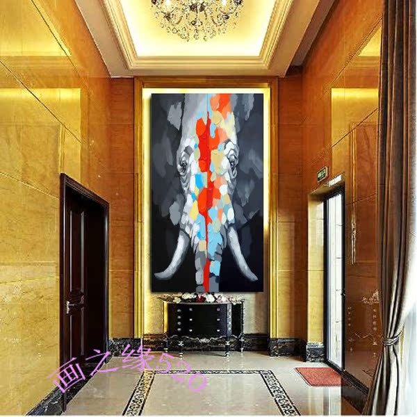 手绘抽象油画双联大象玄关客厅装饰画沙发背酒店大厅走廊过道挂画