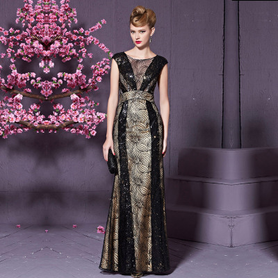 黑色花纹网鸡尾酒晚礼服高端品牌礼服外贸晚礼服长款连衣裙828208