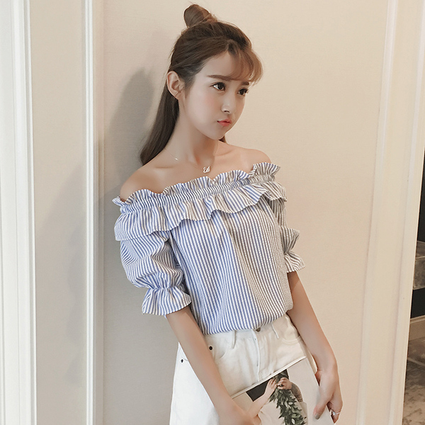 一字露肩上衣服2017夏季新款宽松t恤衫女装韩版短袖性感漏肩百搭