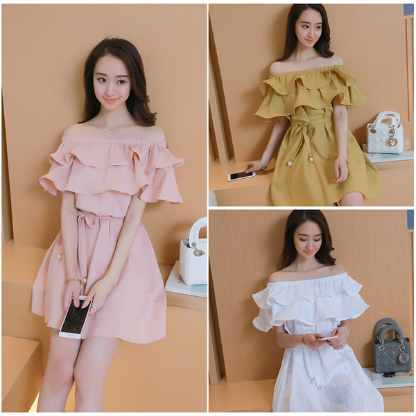 早春新款女装性感荷叶边一字领露肩小清新收腰修身显瘦A字连衣裙