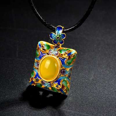 泰妃轩 925银景泰蓝红刚玉玛瑙吊坠 珐琅泰银项坠女款 新品