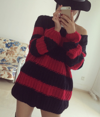 周扬青同款毛衣红黑条纹缩口毛衣 针织衫 女