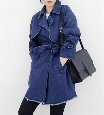 2015秋季韩版休闲宽松牛仔风衣女外套大码收腰系带长款牛仔披风女