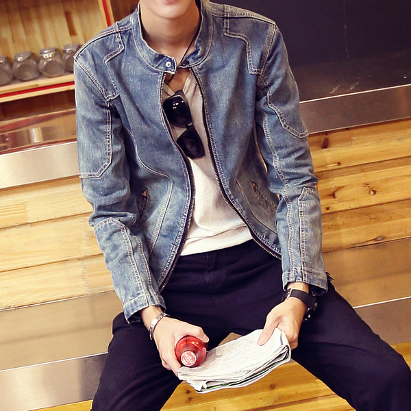韩版薄夹克潮男春 季圆领修身牛仔衣外套韩国时尚牛仔开衫牛仔褂