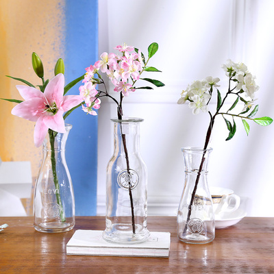 玻璃小花瓶彩色花插餐桌台面文艺花瓶简约仿真花百合樱花花瓶摆件
