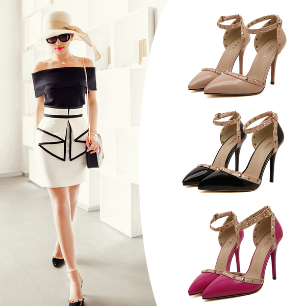 2015 fashion women sexy high heels rivet leather shoes 女鞋