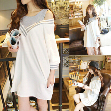 早春新款女装学院风条纹V领假两件露肩宽松显瘦中袖打底连衣裙女