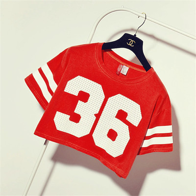 欧美风夏季新款纯棉宽松大码36数字印花短款t恤女棒球衫上衣罩衫