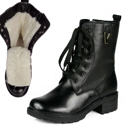 3615正品女式真皮羊毛军靴方跟保暖皮靴头层牛皮棉靴中筒女士冬靴