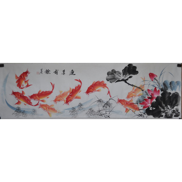 国画鲤鱼荷花图横幅荷花鲤鱼九鱼图纯手绘画芯莲花鲤鱼水墨画客厅