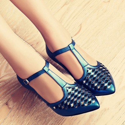 丁字鞋镂空女蓝色复古尖头真皮细跟单鞋一字带尖嘴高跟鞋女士皮鞋
