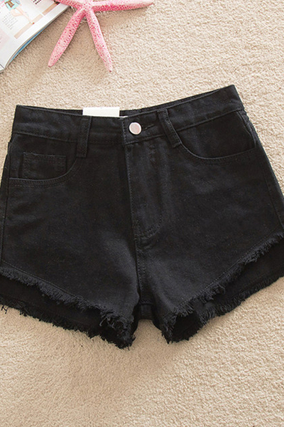 夏季韩版2016前短后长学生大码黑色高腰牛仔短裤女夏韩国宽松显瘦