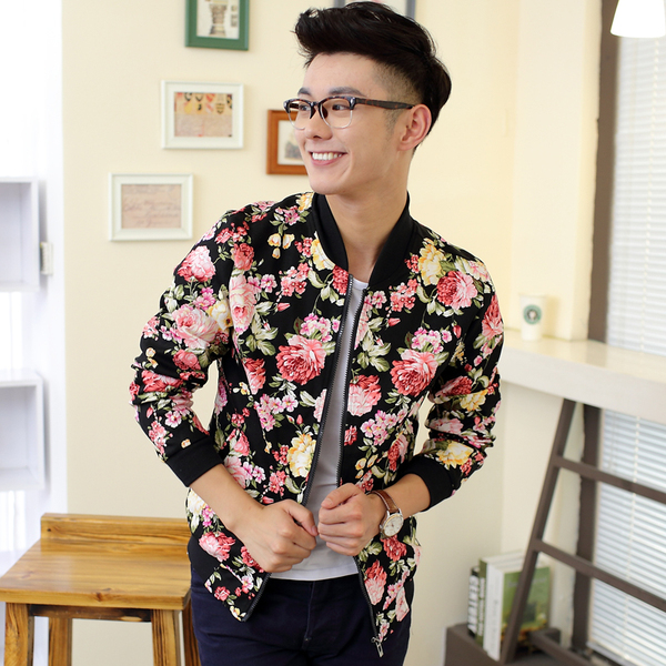 秋季夹克韩版修身立领碎花开衫外套 男装花牡丹气质男士上衣服 潮