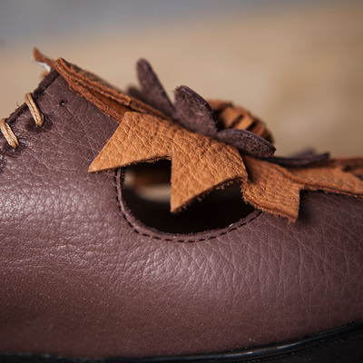 鞋子 女鞋 女士休闲皮鞋 吐火罗原创手工真皮凉鞋 女式中跟鱼嘴鞋