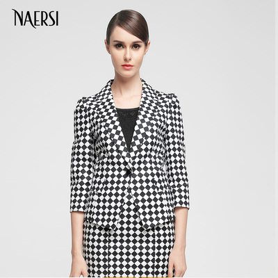 娜尔思 女装 naersi 秋装新品 时尚格纹 西装外套 短外套女