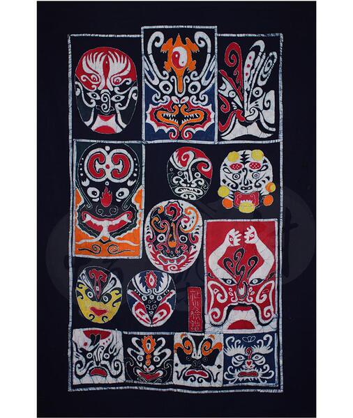 贵州苗族手工蜡染画壁挂 屯堡文化工艺品 社火脸谱蜡染画86x145cm