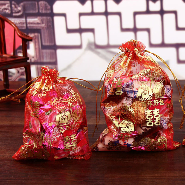 婚庆用品喜糖袋烫金百年好合纱袋糖果袋婚宴回礼袋金边网纱喜糖盒