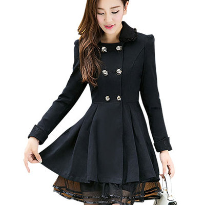 秋装风衣外套女中长款胖妹妹显瘦双排扣拼蕾丝加肥加大码女装上衣