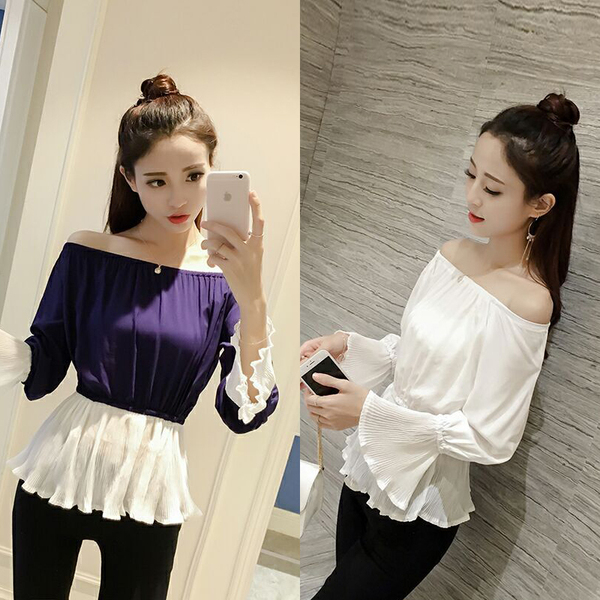 新款秋装女2016韩版修身显瘦喇叭长袖拼色一字领套头雪纺衫上衣女