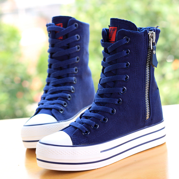 包邮内增高帆布鞋女高帮系带侧拉链厚底松糕休闲鞋高筒靴学生布鞋