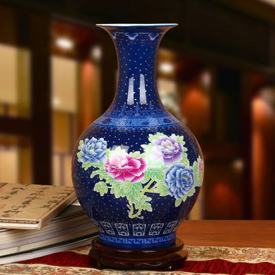 景德镇陶瓷器 高档珐琅彩宝蓝牡丹花瓶 现代中式家居装饰收藏摆件