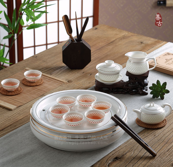 潮州善古玲珑镂空蜂窝茶具套装茶壶盖碗茶杯功夫陶瓷茶具厂价包邮