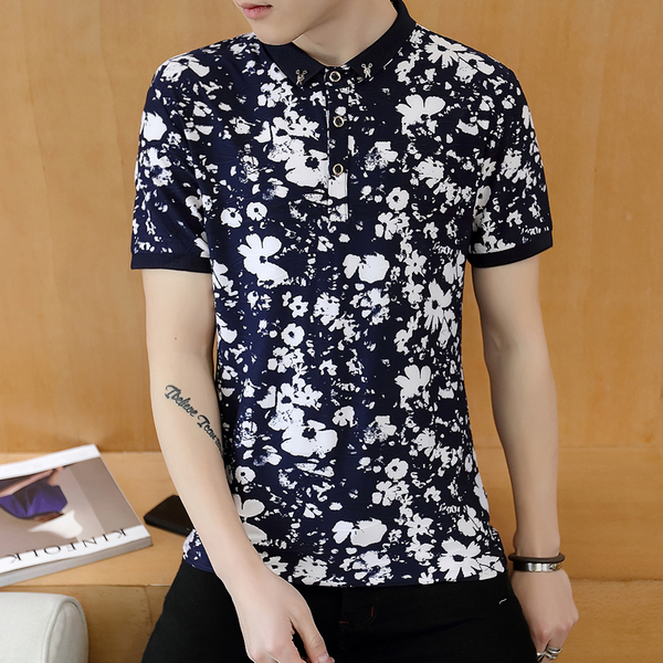男士碎花短袖t恤 韩版翻领纯棉修身薄款polo衫休闲满花半袖体恤衫