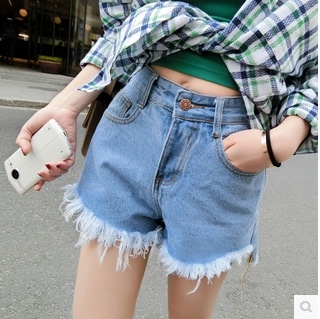 2017春夏季新款韩版纯色高腰磨毛边修身牛仔短裤女休闲热裤学生潮