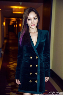 欧美潮牌李小璐巴尔家金属扣深v领丝绒拼接西装裙连衣裙 2色2码