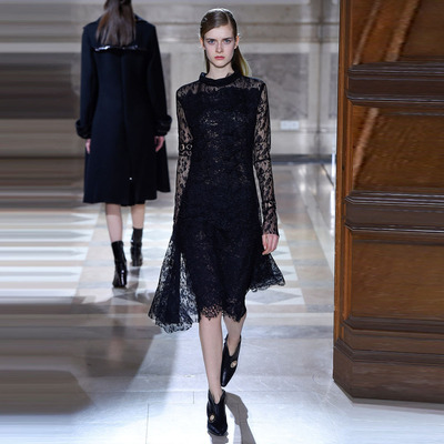 2016欧美秋季走秀新款缕空蕾丝透视中长裙长袖修身连衣裙女装秋裙