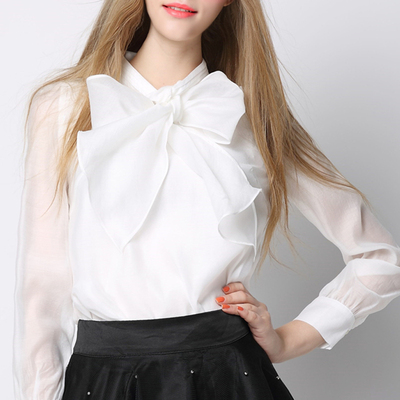 韩国新款白色欧根纱蝴蝶结衬衫女2016修身气质打底衫长袖衬衣潮