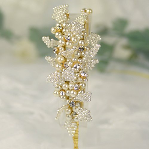T&H高端新娘伴娘婚紗首飾配飾珍珠串珠花水鑽雙層發箍發帶頭飾