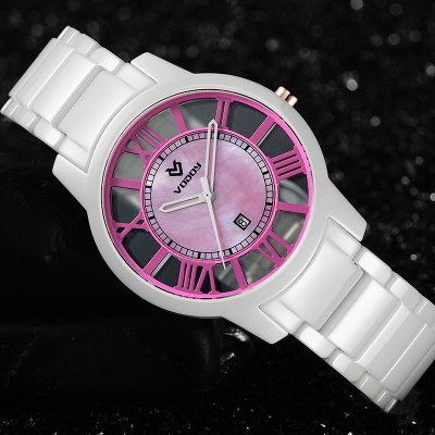 沃度陶瓷表白色女表 镂空透视个性时装商务女士手表大表盘腕表