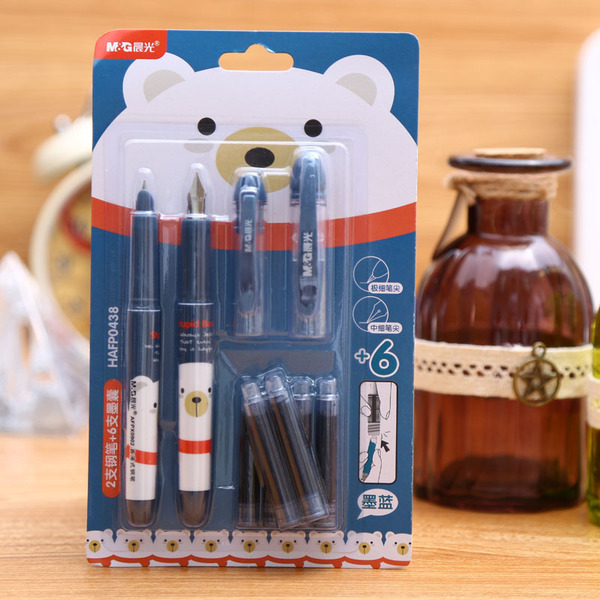 晨光hafp0438 直液式墨囊钢笔 两支钢笔 6支墨囊 小学生钢笔