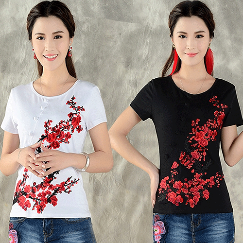 夏季新款民族风梅花刺绣花衣服大码女装纯棉短袖t恤女士体恤小衫
