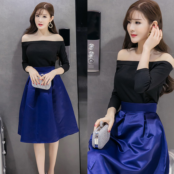 时尚韩版2016秋新款性感夜店纯色一字领上衣+亮色优雅大摆裙裙子