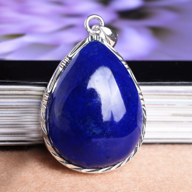 天然青金石吊坠 无白少金油润 蓝色宝石毛衣链坠 925纯银项链女款