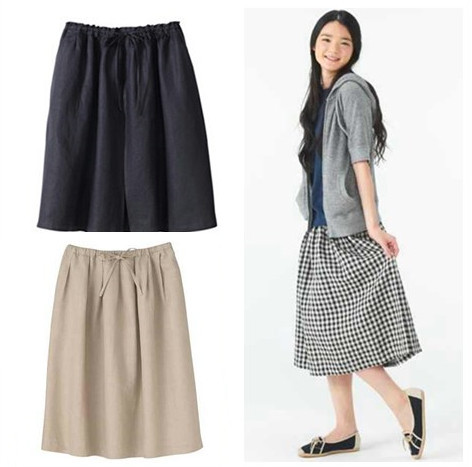外贸无印良品muji文艺全亚麻藏青格子 日系 中裙麻裙 半身裙半裙