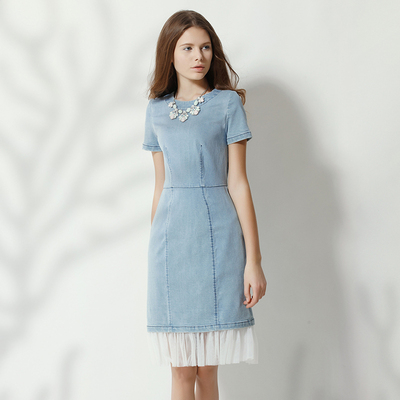 missoul米素女装2016夏新款牛仔蕾丝气质休闲连衣裙商城同款