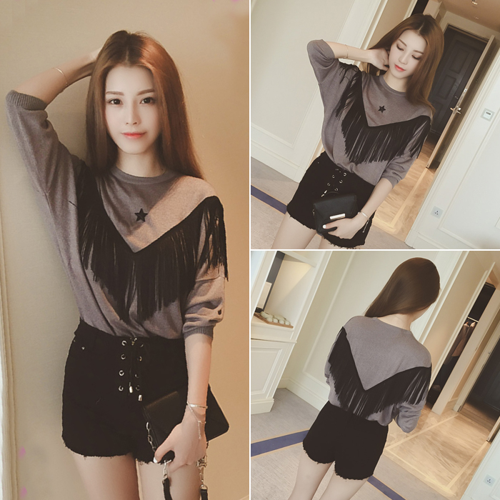 2015 new fall was thin loose round neck sweater hedging Korean temperament fringed long-sleeved shirt female students