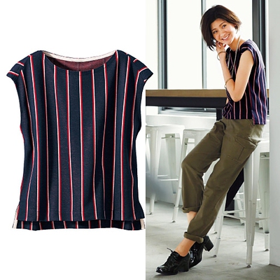 日本正品代购2015年秋季女装时尚竖条纹显瘦清凉舒适连肩袖雪纺衫