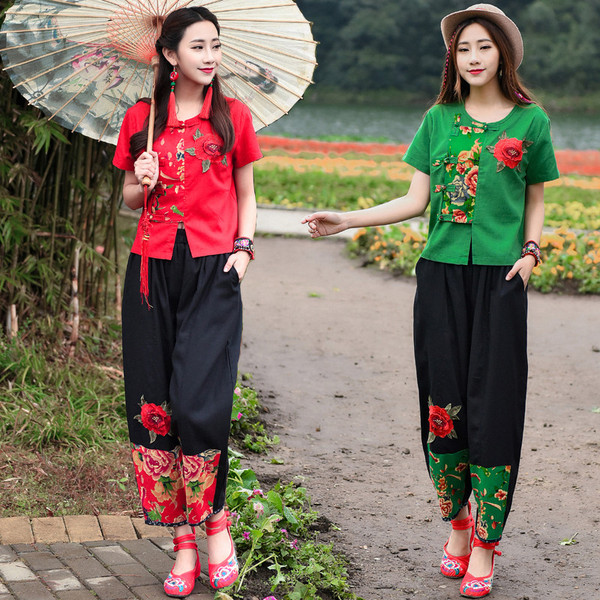 民族风时尚套装夏装新款短袖衬衫上衣中国风女装绣花二件套长裤女