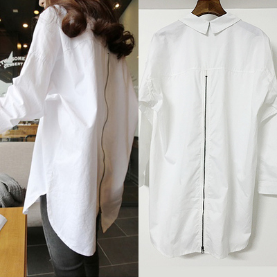 简约风双领后拉链宽松休闲中长款长袖衬衣bf衬衫
