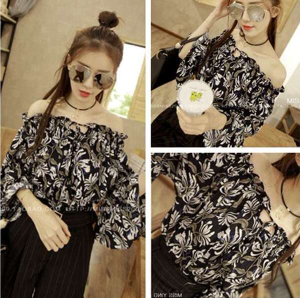 韩版2016夏季新款气质百搭性感妩媚优雅气质藏蓝花一字领上衣学生