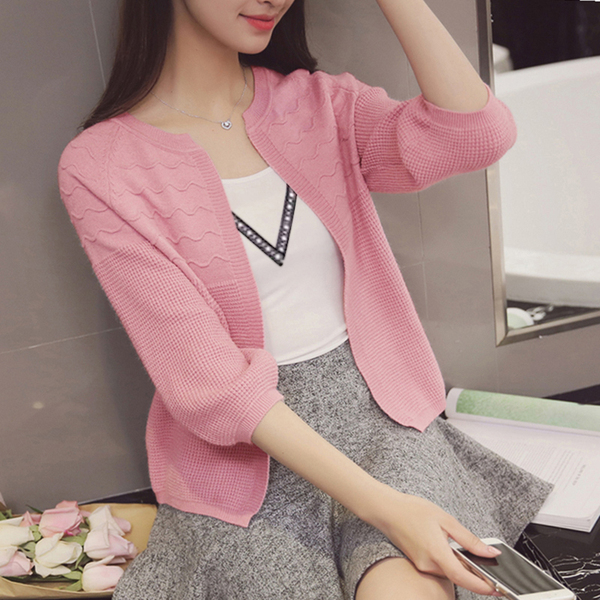 七分袖小开衫女春装新款韩版宽松纯色薄外套短款百搭针织小披肩女