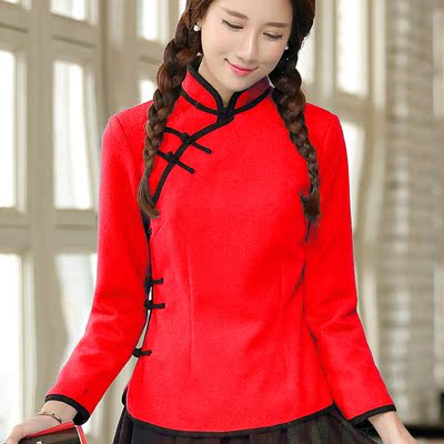 红色唐装毛呢子旗袍上衣女士冬装外套女装中式上衣长袖斜襟汉服