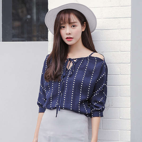韩国气质百搭慵懒风碎花棉麻系带露肩雪纺衫上衣女学生2017春夏