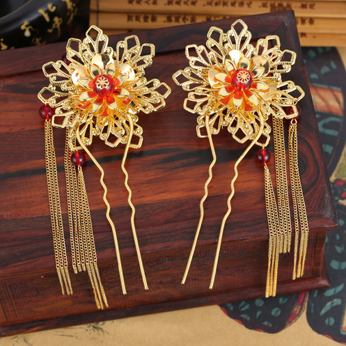 新娘结婚凤冠古装头饰古代龙凤褂秀禾服配饰红色发簪发钗歩摇批发