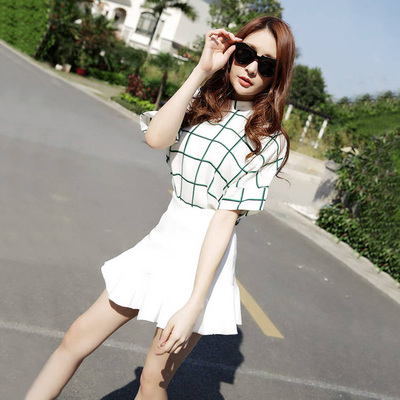 蘑菇街夏装格子时尚连衣裙短裙子两件套装韩国名媛鱼尾摆包裙女装
