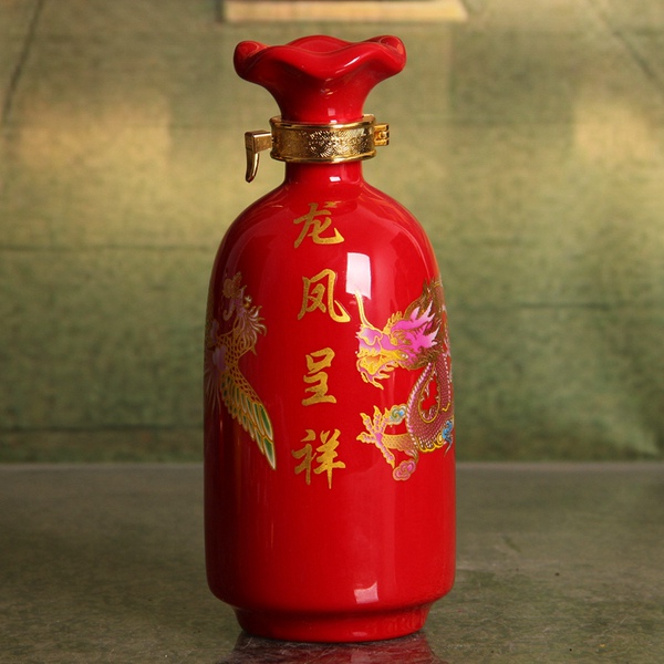 婚庆陶瓷酒瓶红色龙凤呈祥1斤装空酒瓶子500ml装饰喜酒白酒瓶批发